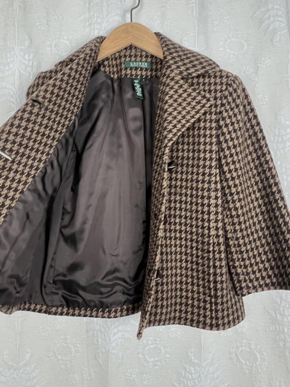 Vintage houndstooth tweed cropped jacket brown Lauren Ralph Lauren classic retro - Picture 4 of 8